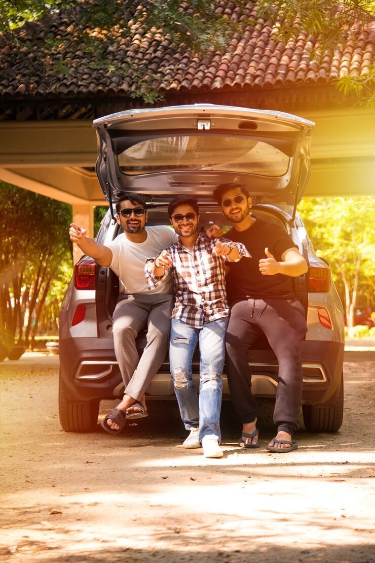 group indian asian young attractive friends sitting open trunk car summer road trip 466689 8659