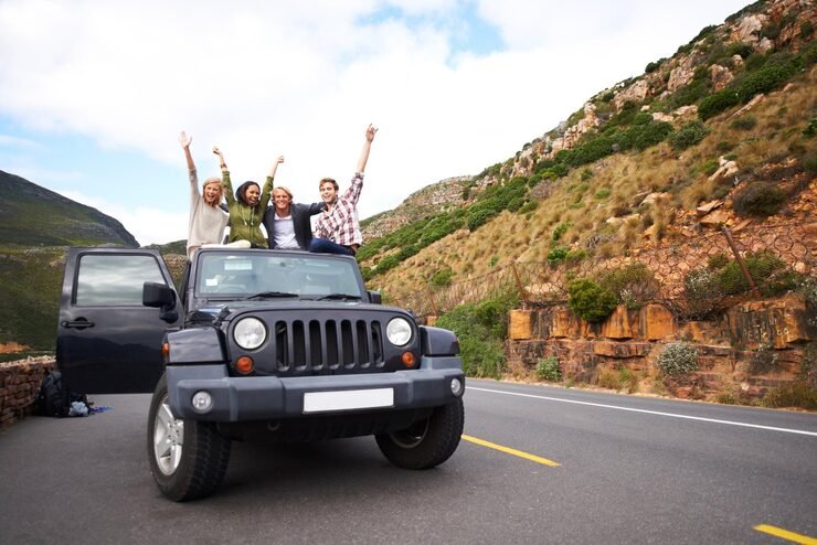 happy friends celebration road trip roof car holiday weekend travel outdoor vacation excited group people with hands air vehicle transportation traveling journey 590464 289722