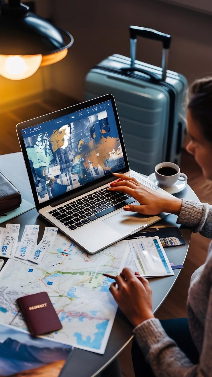 woman planning trip laptop while holding plane tickets passport 1336671 19124